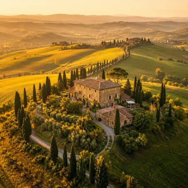 Stone Tuscan villa surrounded by cypress trees at golden hour