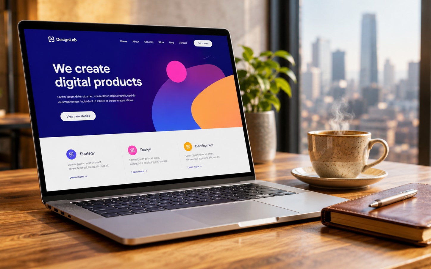 Modern laptop with website mockup on desk